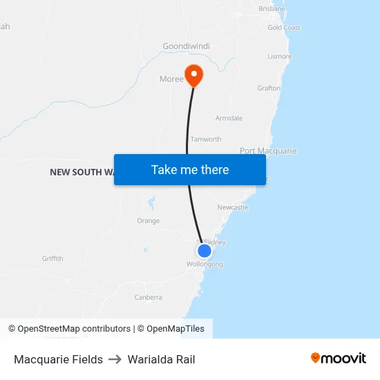 Macquarie Fields to Warialda Rail map