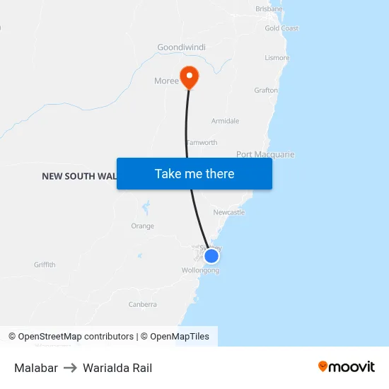 Malabar to Warialda Rail map