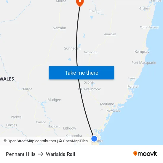 Pennant Hills to Warialda Rail map