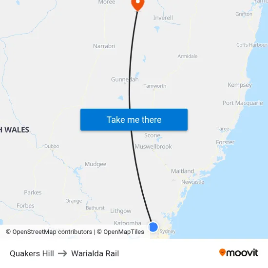 Quakers Hill to Warialda Rail map