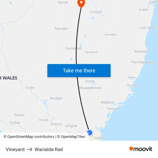 Vineyard to Warialda Rail map
