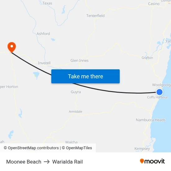 Moonee Beach to Warialda Rail map