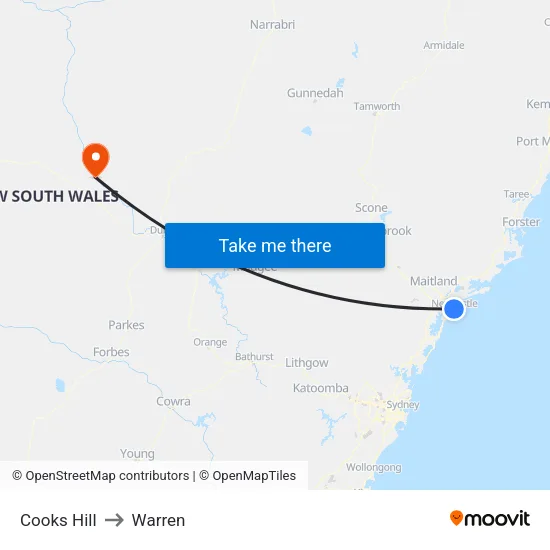 Cooks Hill to Warren map