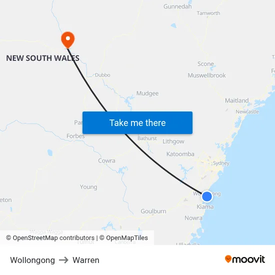 Wollongong to Warren map