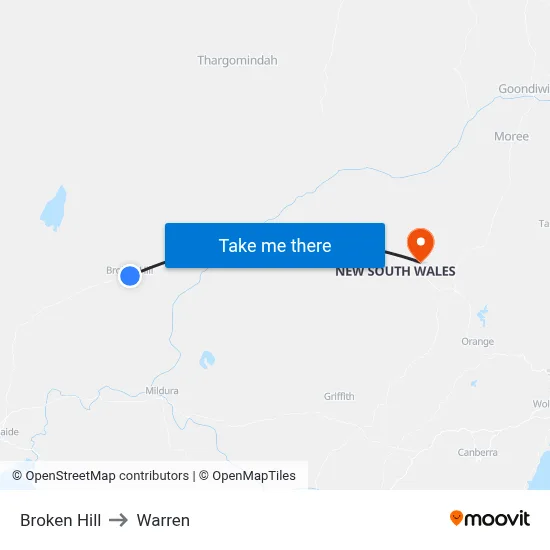 Broken Hill to Warren map
