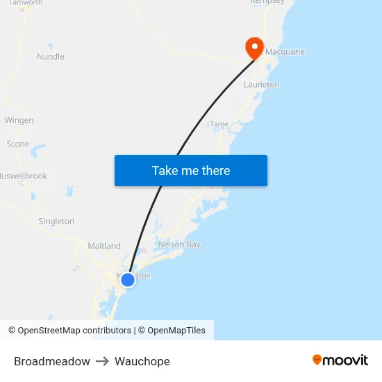 Broadmeadow to Wauchope map