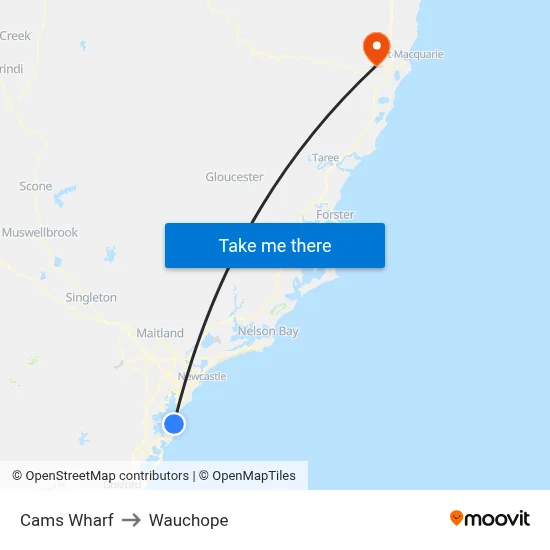 Cams Wharf to Wauchope map