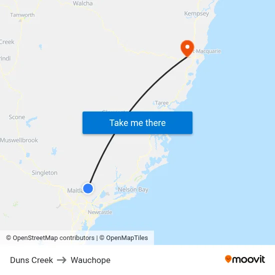 Duns Creek to Wauchope map