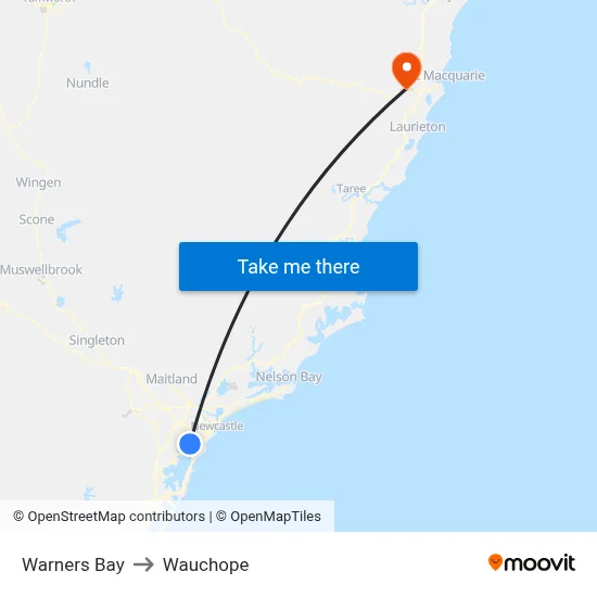 Warners Bay to Wauchope map