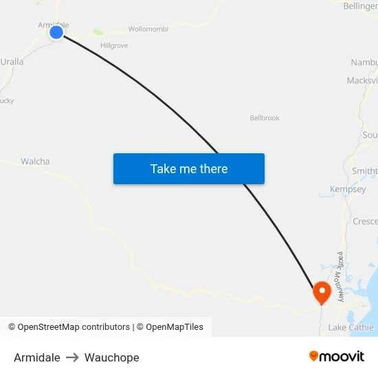 Armidale to Wauchope map