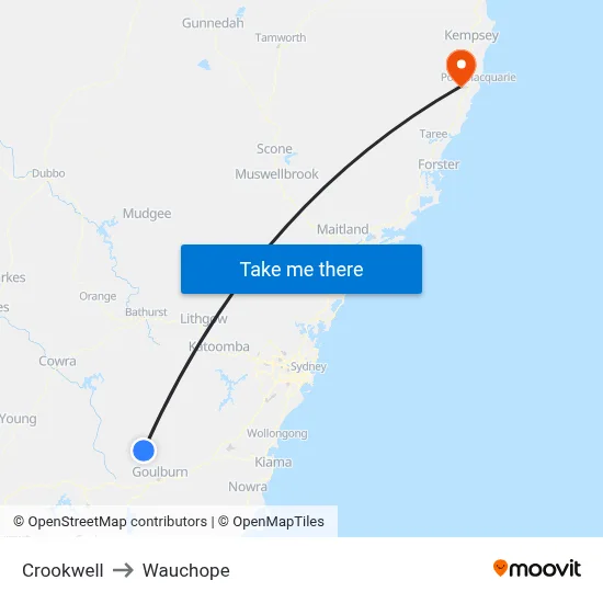 Crookwell to Wauchope map