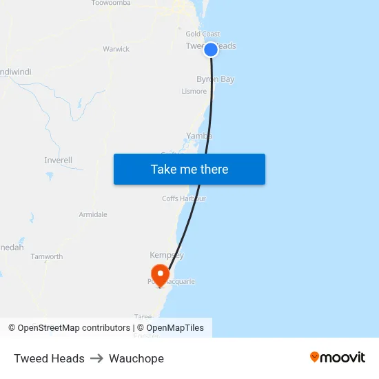 Tweed Heads to Wauchope map
