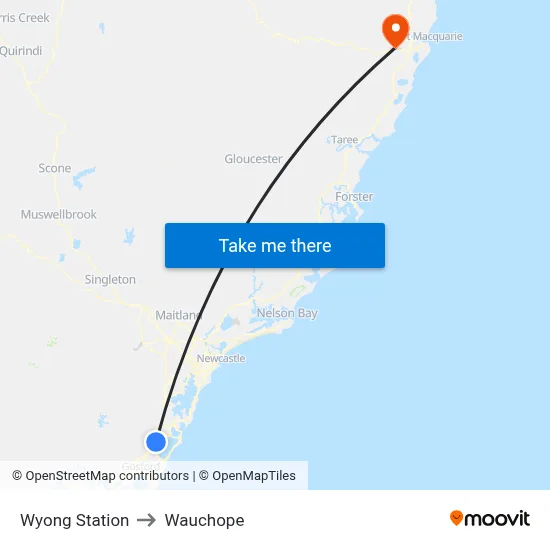 Wyong Station to Wauchope map