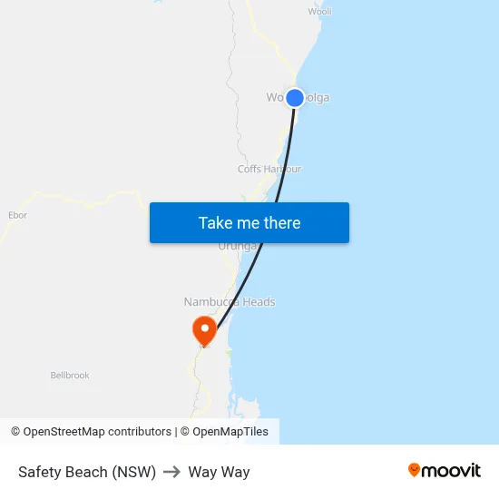 Safety Beach (NSW) to Way Way map