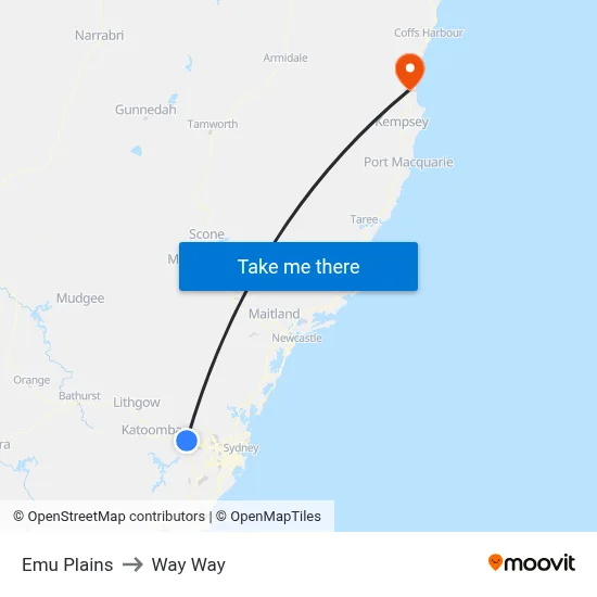 Emu Plains to Way Way map