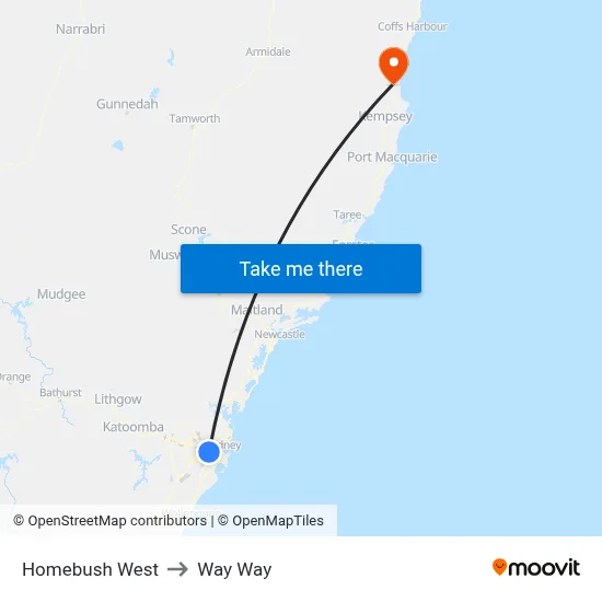 Homebush West to Way Way map
