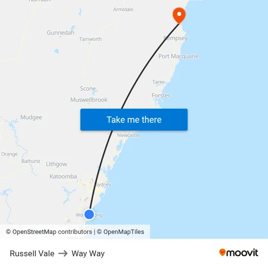 Russell Vale to Way Way map