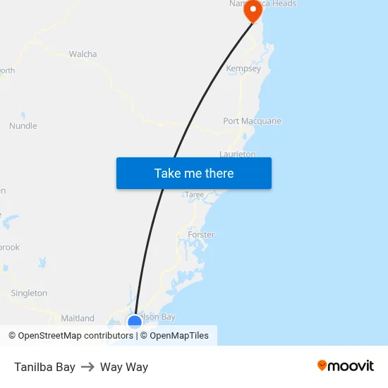 Tanilba Bay to Way Way map
