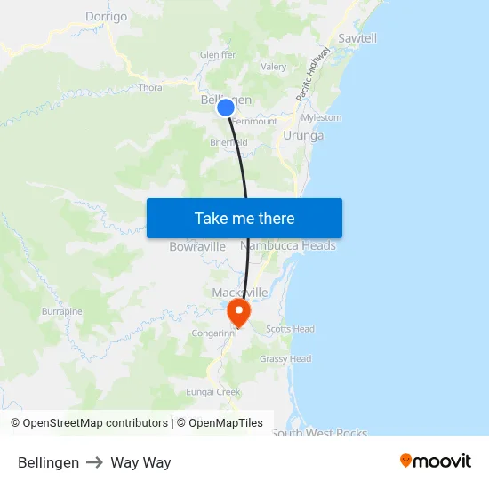Bellingen to Way Way map