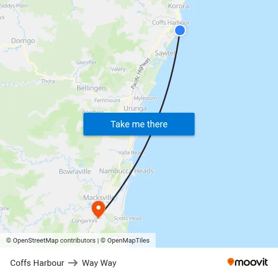 Coffs Harbour to Way Way map