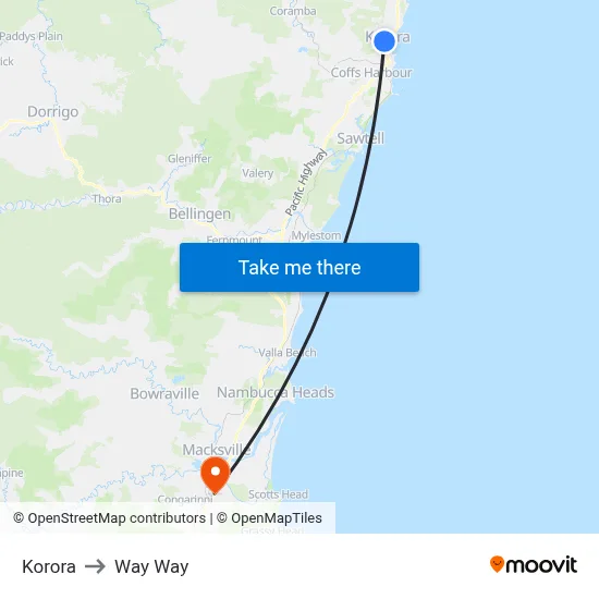 Korora to Way Way map