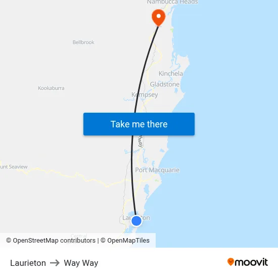 Laurieton to Way Way map
