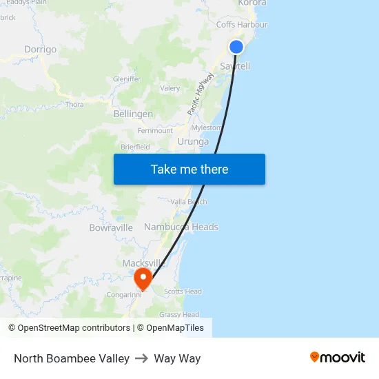 North Boambee Valley to Way Way map