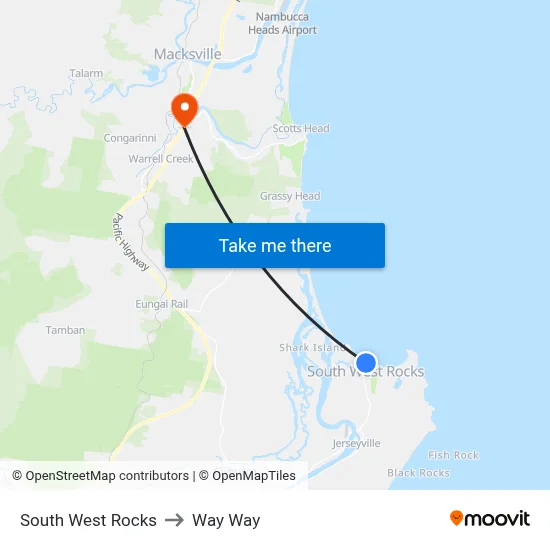South West Rocks to Way Way map