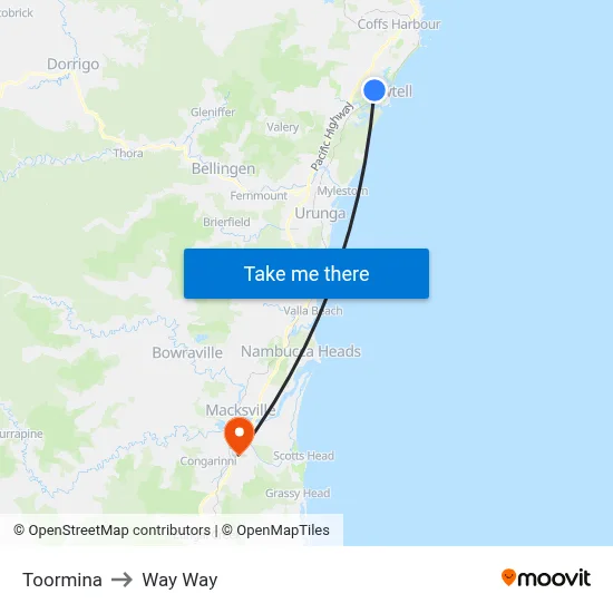 Toormina to Way Way map