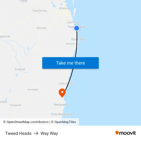 Tweed Heads to Way Way map