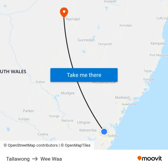 Tallawong to Wee Waa map