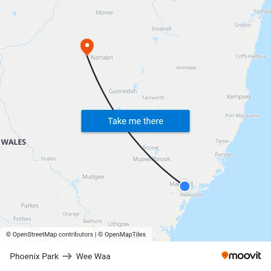 Phoenix Park to Wee Waa map
