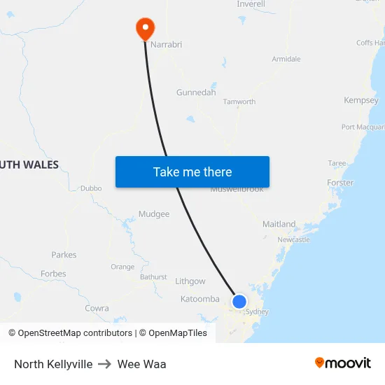 North Kellyville to Wee Waa map