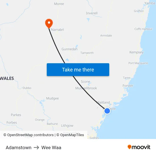 Adamstown to Wee Waa map