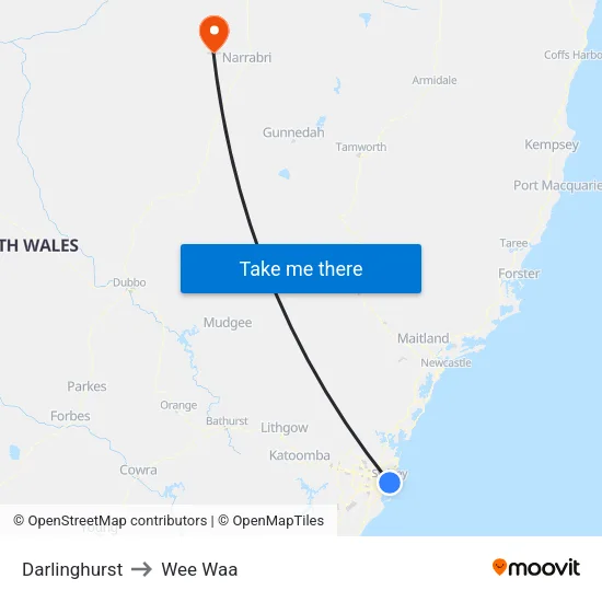 Darlinghurst to Wee Waa map
