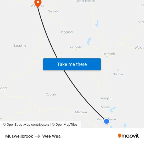 Muswellbrook to Wee Waa map