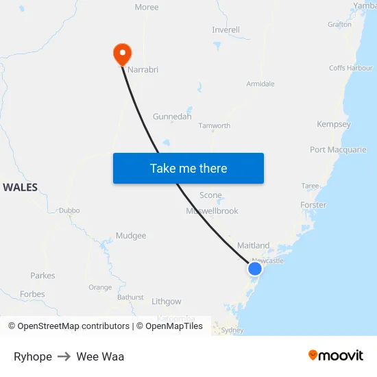 Ryhope to Wee Waa map