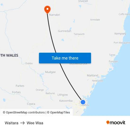 Waitara to Wee Waa map