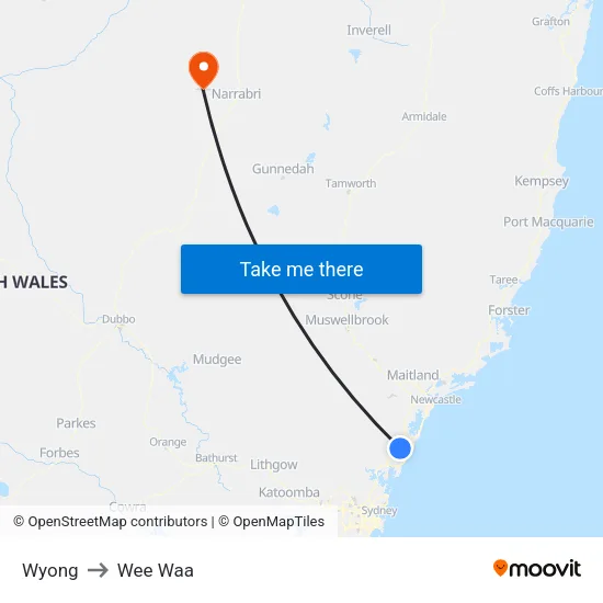 Wyong to Wee Waa map