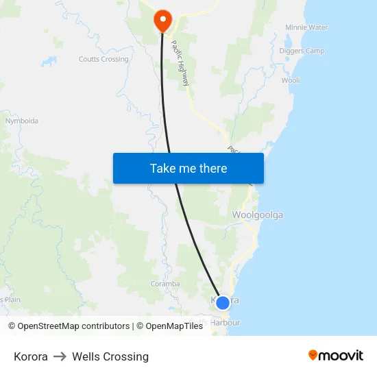Korora to Wells Crossing map