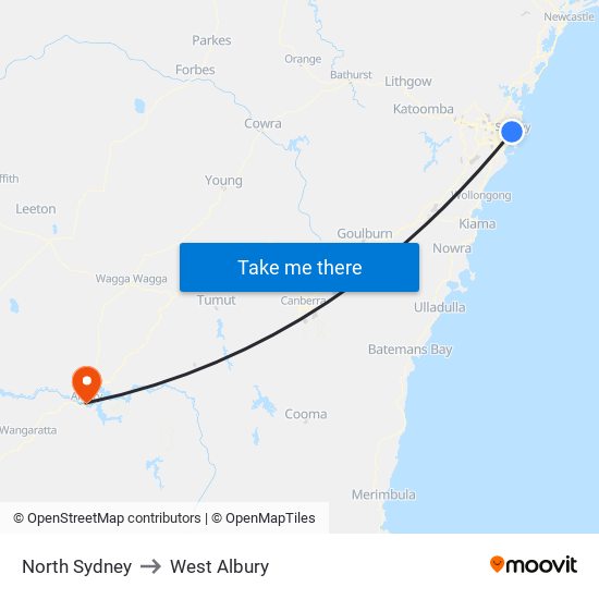 North Sydney to West Albury map