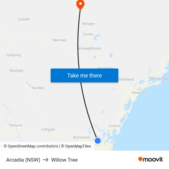 Arcadia (NSW) to Willow Tree map