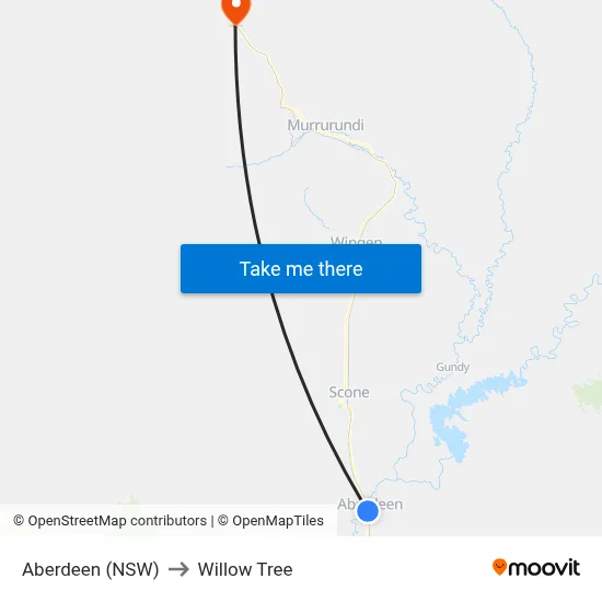 Aberdeen (NSW) to Willow Tree map
