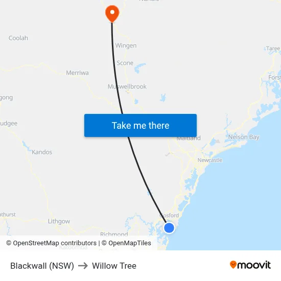 Blackwall (NSW) to Willow Tree map