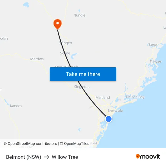 Belmont (NSW) to Willow Tree map