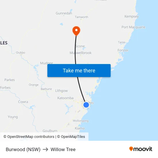 Burwood (NSW) to Willow Tree map