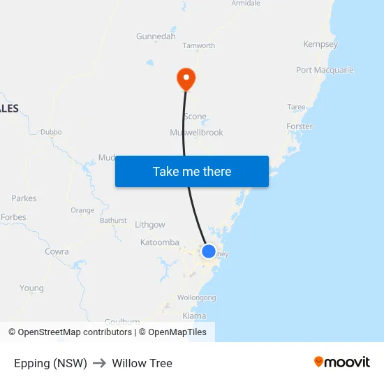 Epping (NSW) to Willow Tree map