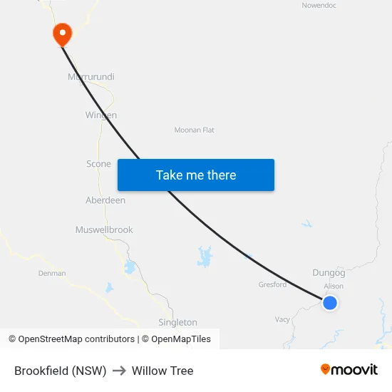 Brookfield (NSW) to Willow Tree map