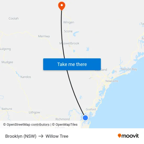 Brooklyn (NSW) to Willow Tree map