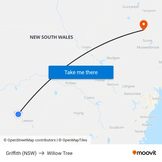 Griffith (NSW) to Willow Tree map